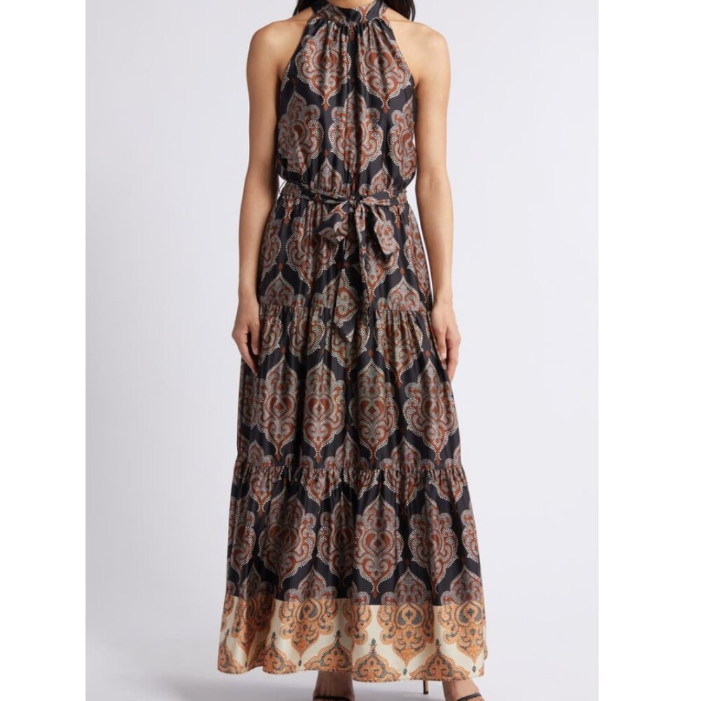 Julia Jordan Black and Brown Paisley Halter Maxi Dress